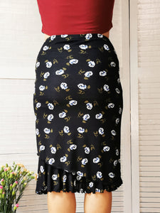 Vintage 90s black rose print midi ruffle skirt