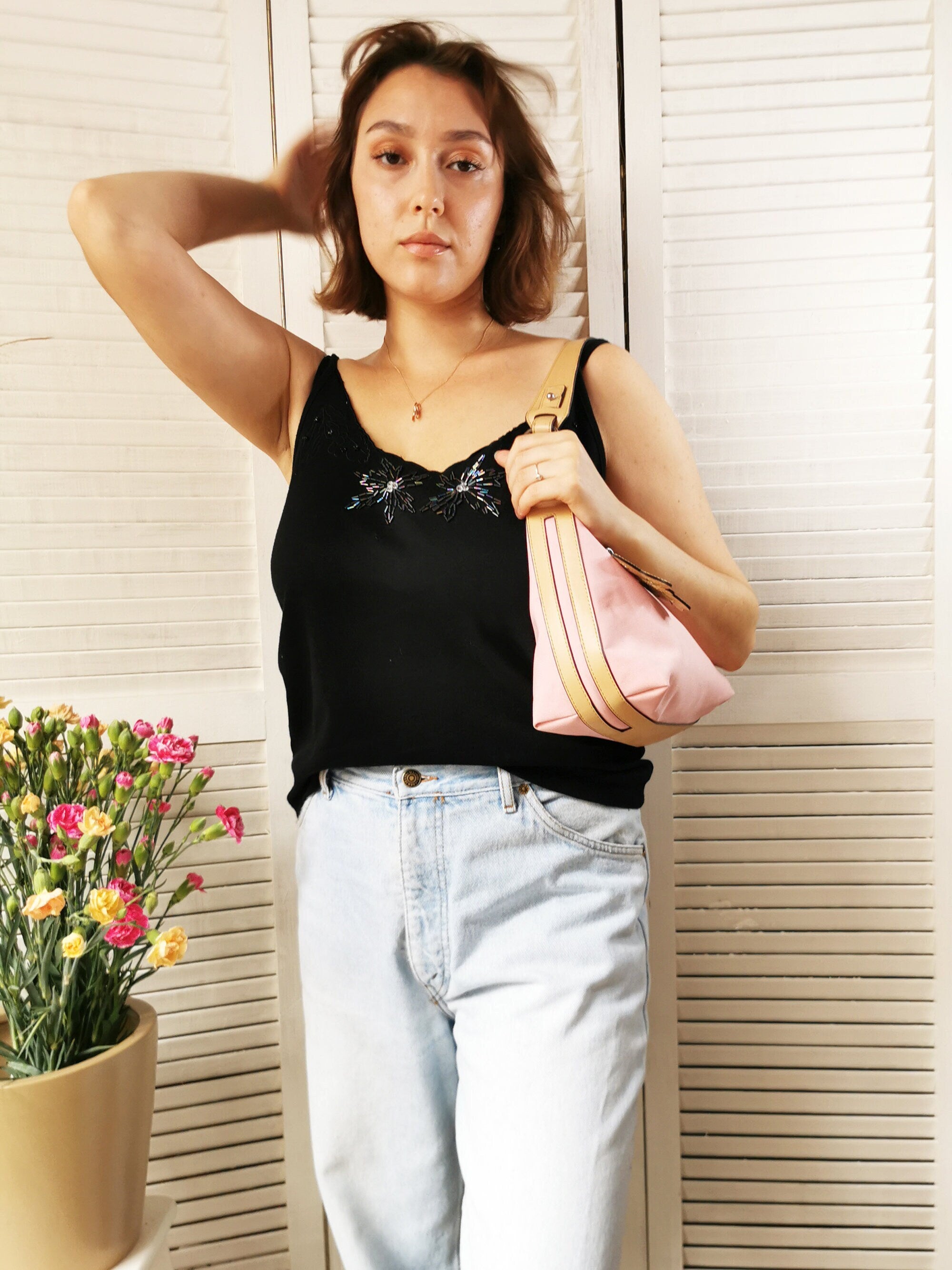 Vintage 90s basic beaded black cami top blouse