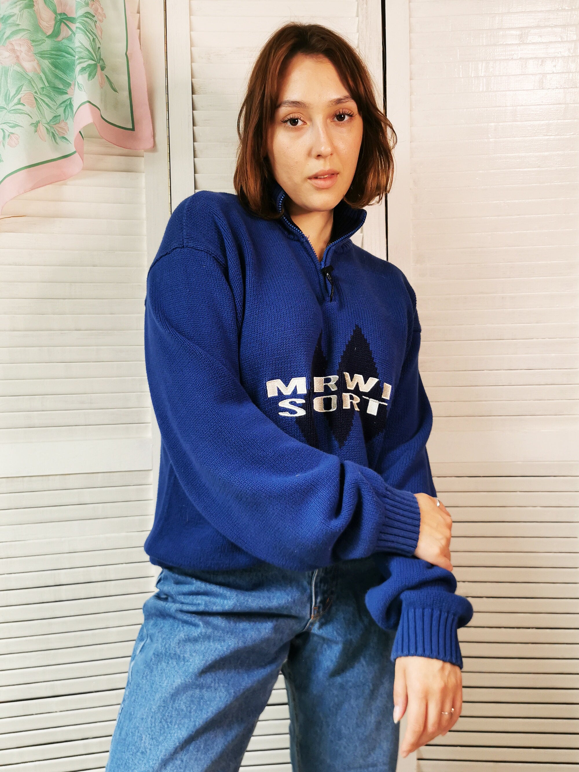 Vintage 90s 1/4 zipped knitted blue cotton unisex jumper