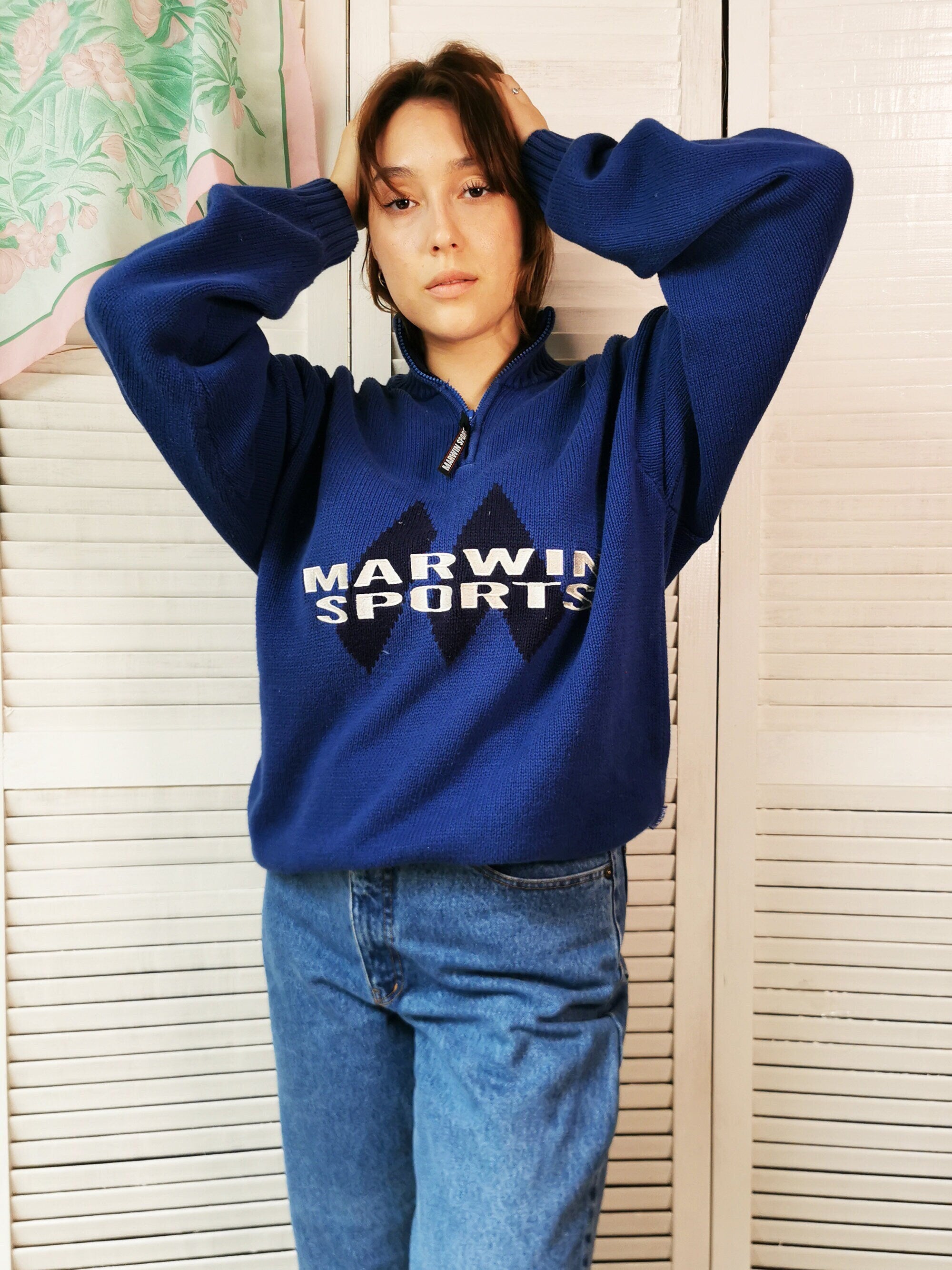 Vintage 90s 1/4 zipped knitted blue cotton unisex jumper