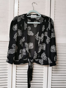 Vintage 90s paisley print black tie up deep V blouse top
