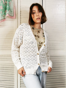 Vintage 80s white cotton knitted cardigan with buttons