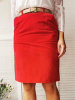 Load image into Gallery viewer, Vintage 80s red faux suede midi pencil skirt with belt
