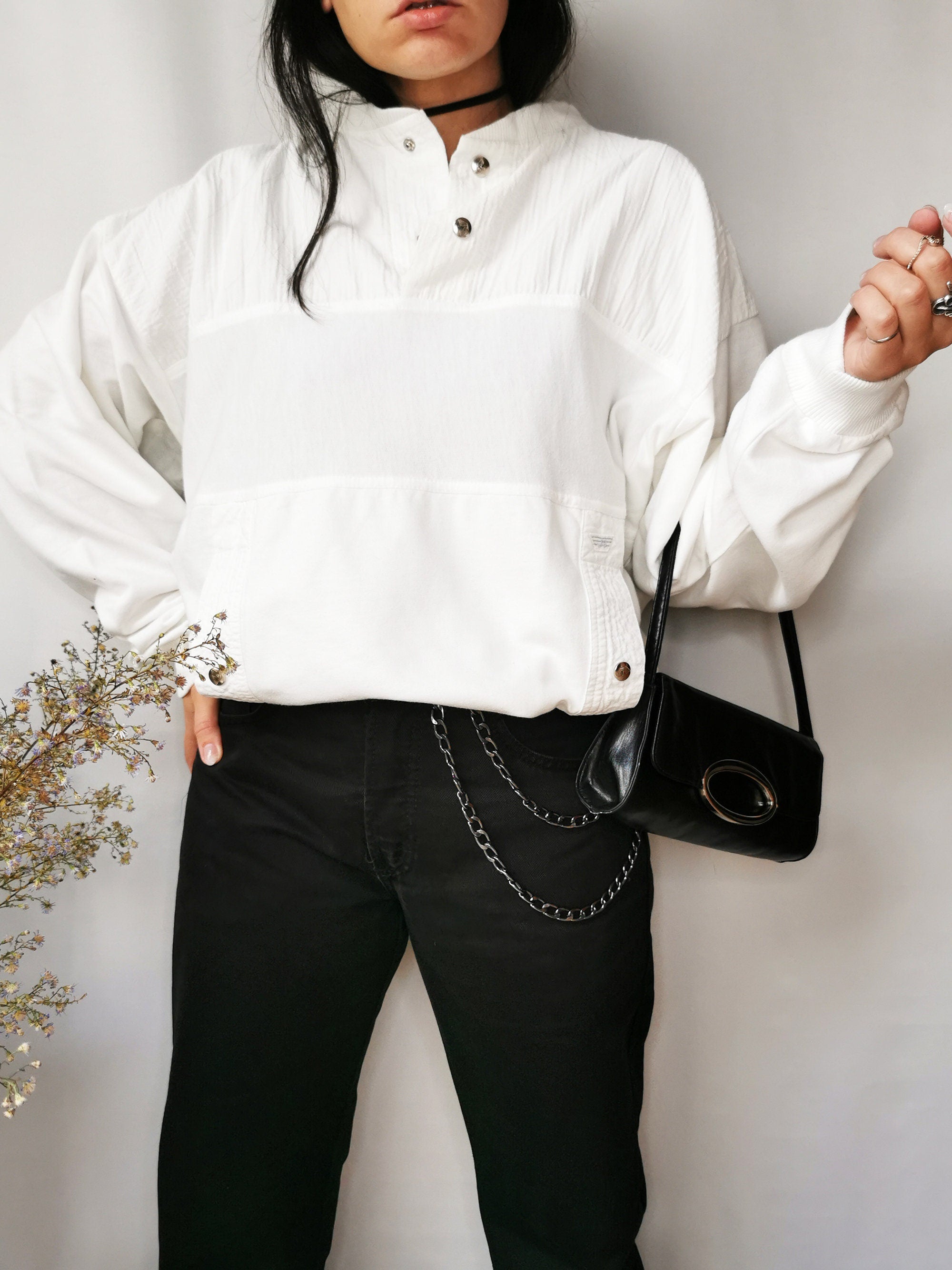 Vintage 90s white oversize button collar unisex sweatshirt