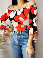 Load image into Gallery viewer, Vintage 90s red floral flare sleeve off shoulder Party top

