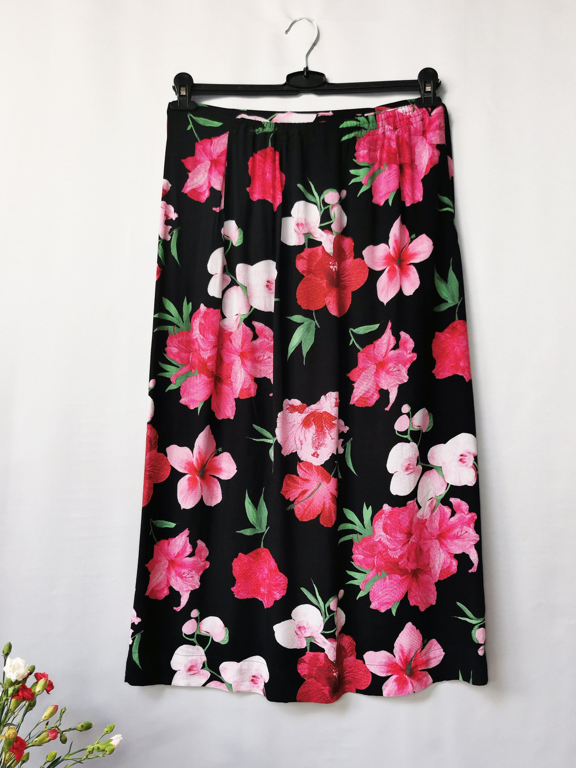 Vintage 90s black Rose print wrap maxi skirt