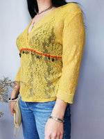 Load image into Gallery viewer, Vintage 90s mustard yellow knitted sheer top blouse
