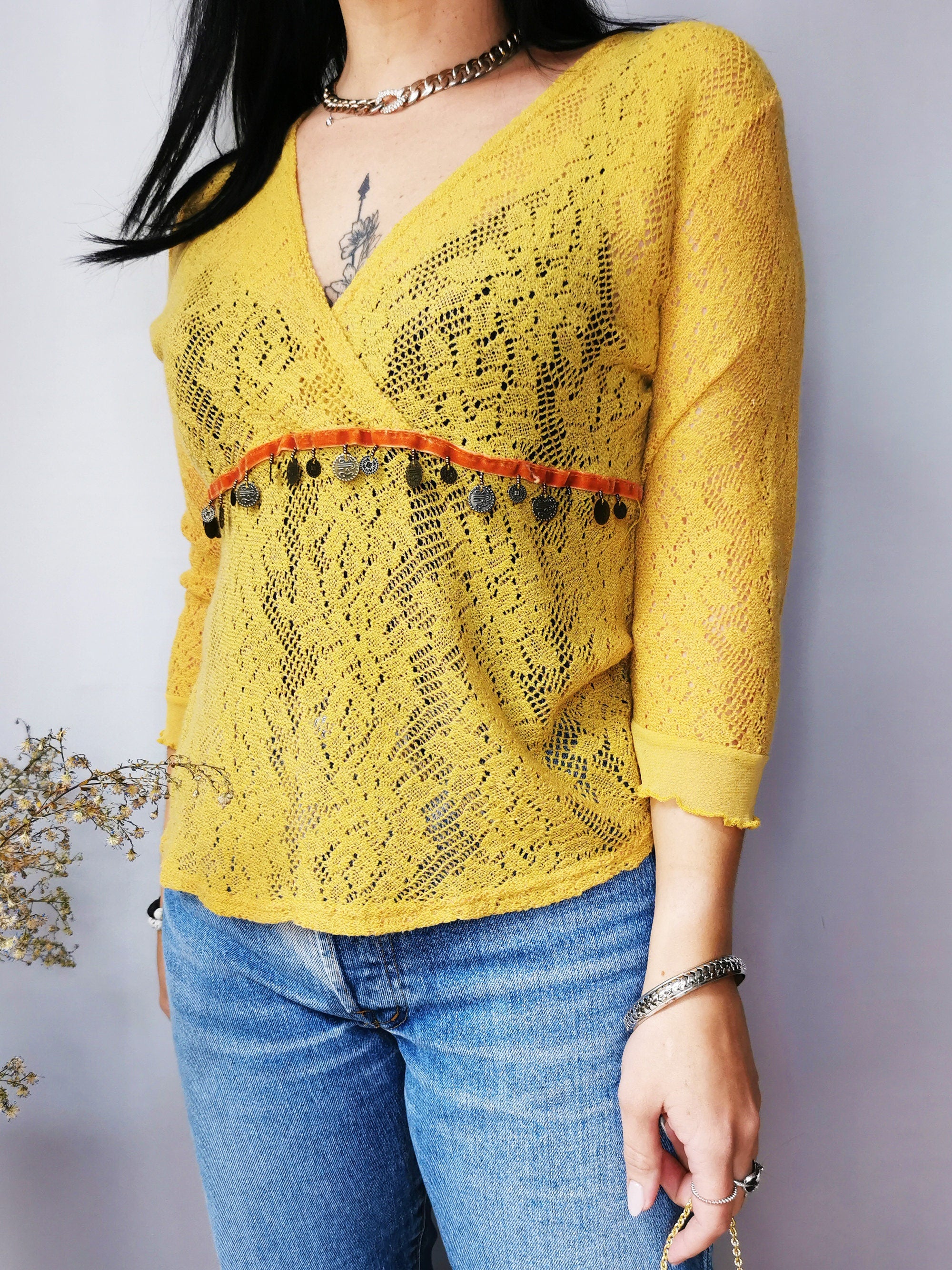 Vintage 90s mustard yellow knitted sheer top blouse