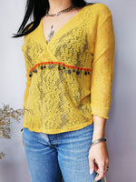 Load image into Gallery viewer, Vintage 90s mustard yellow knitted sheer top blouse
