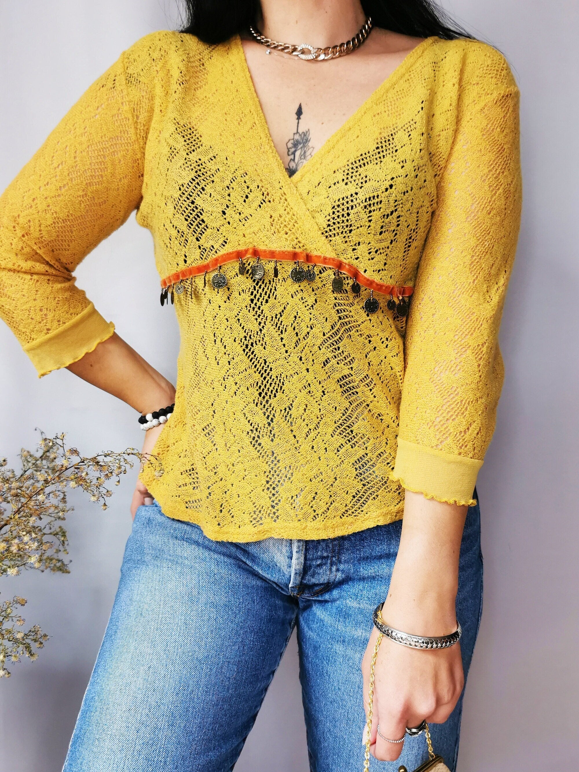 Vintage 90s mustard yellow knitted sheer top blouse