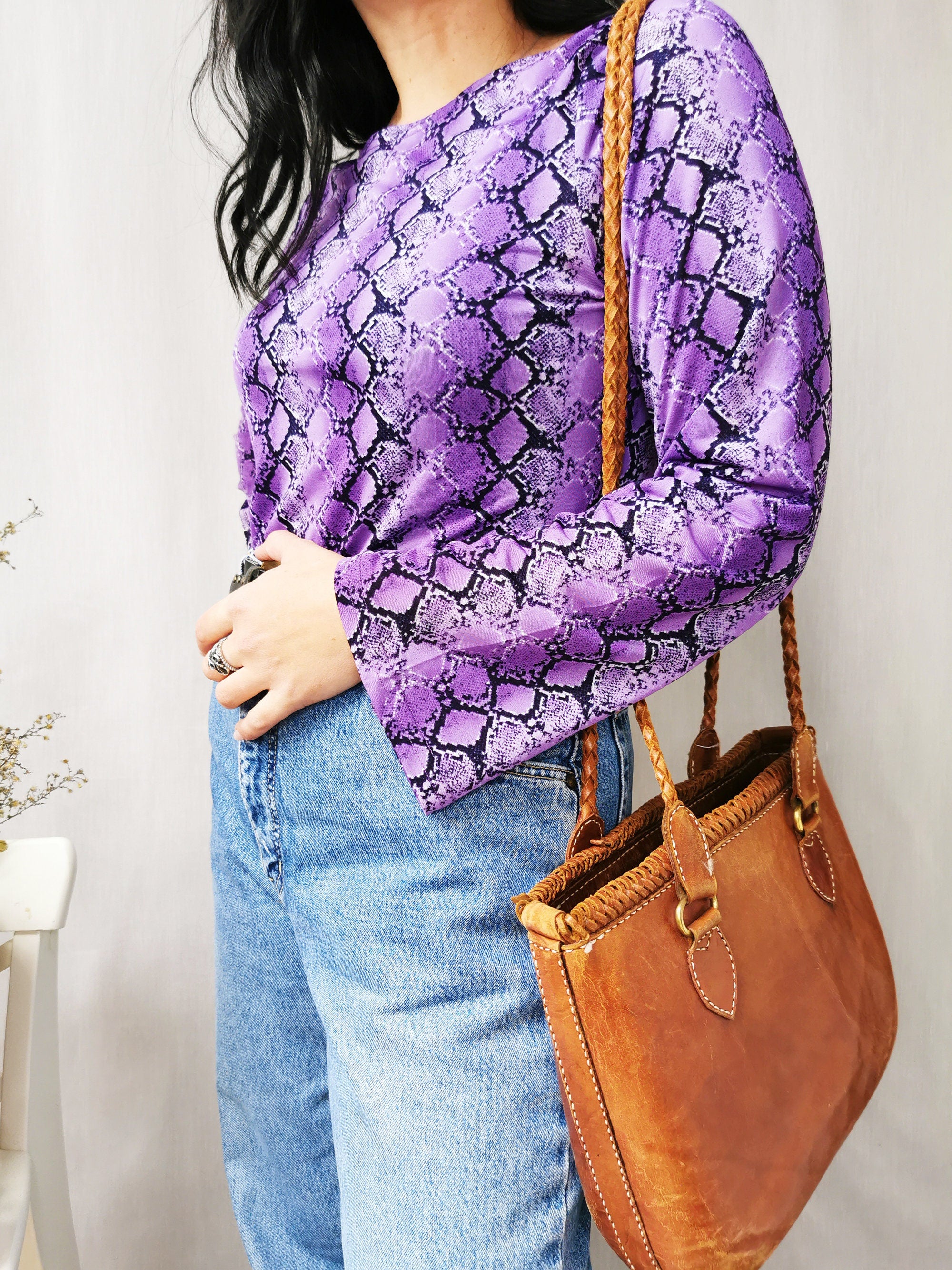 Vintage 90s purple snake print long sleeve top blouse