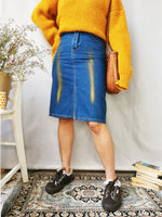 Load image into Gallery viewer, Vintage 90s blue shimmer denim midi pencil skirt
