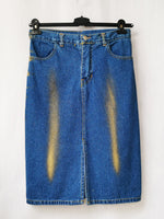 Load image into Gallery viewer, Vintage 90s blue shimmer denim midi pencil skirt
