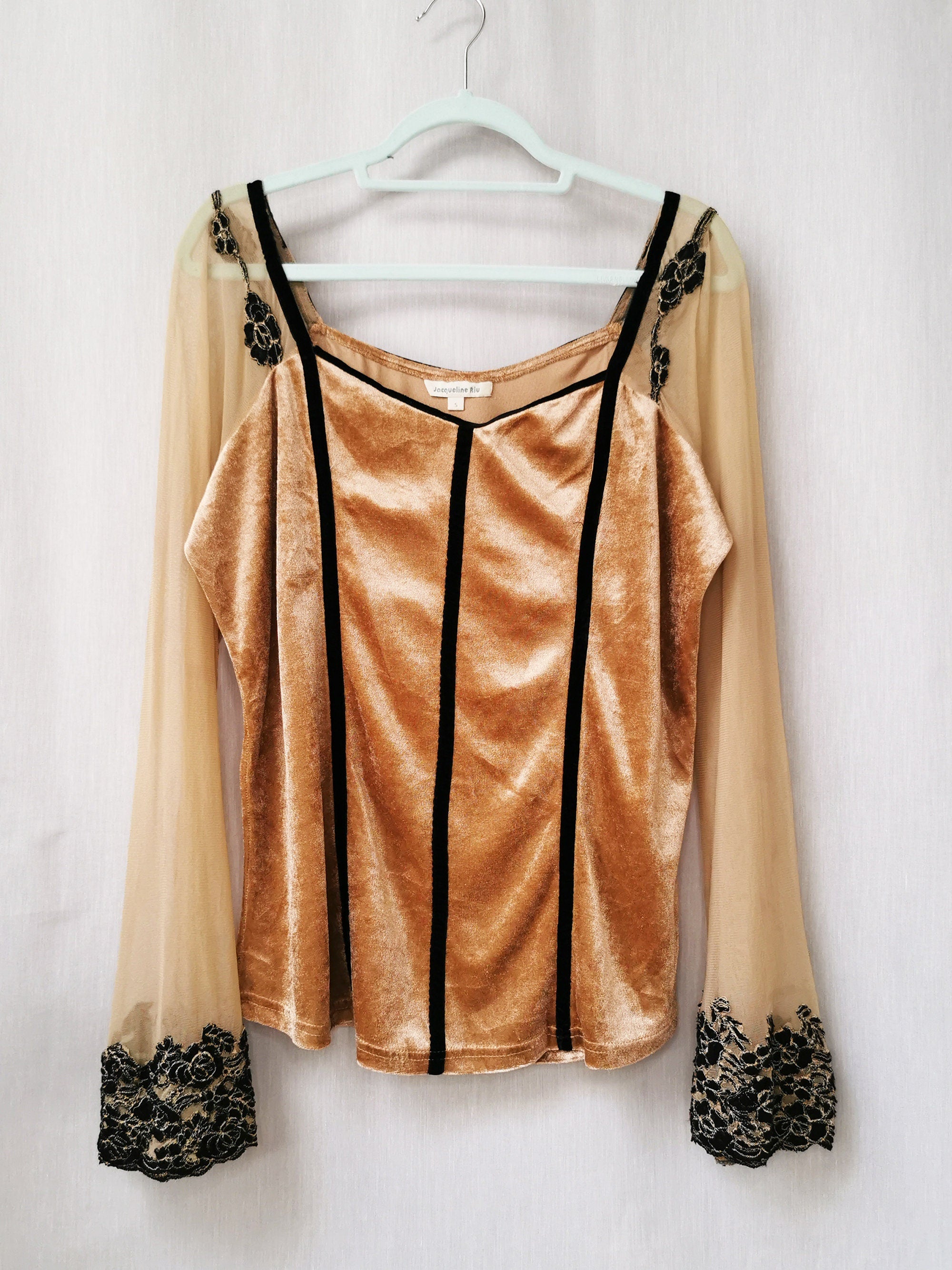 Vintage 90s gold sheer flare sleeve velveteen top