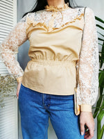 Load image into Gallery viewer, Vintage blouse, Vintage 80s brown laces sleeve peplum blouse top
