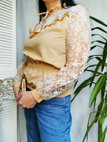 Load image into Gallery viewer, Vintage blouse, Vintage 80s brown laces sleeve peplum blouse top
