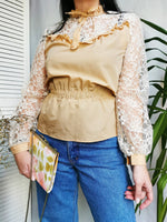 Load image into Gallery viewer, Vintage blouse, Vintage 80s brown laces sleeve peplum blouse top
