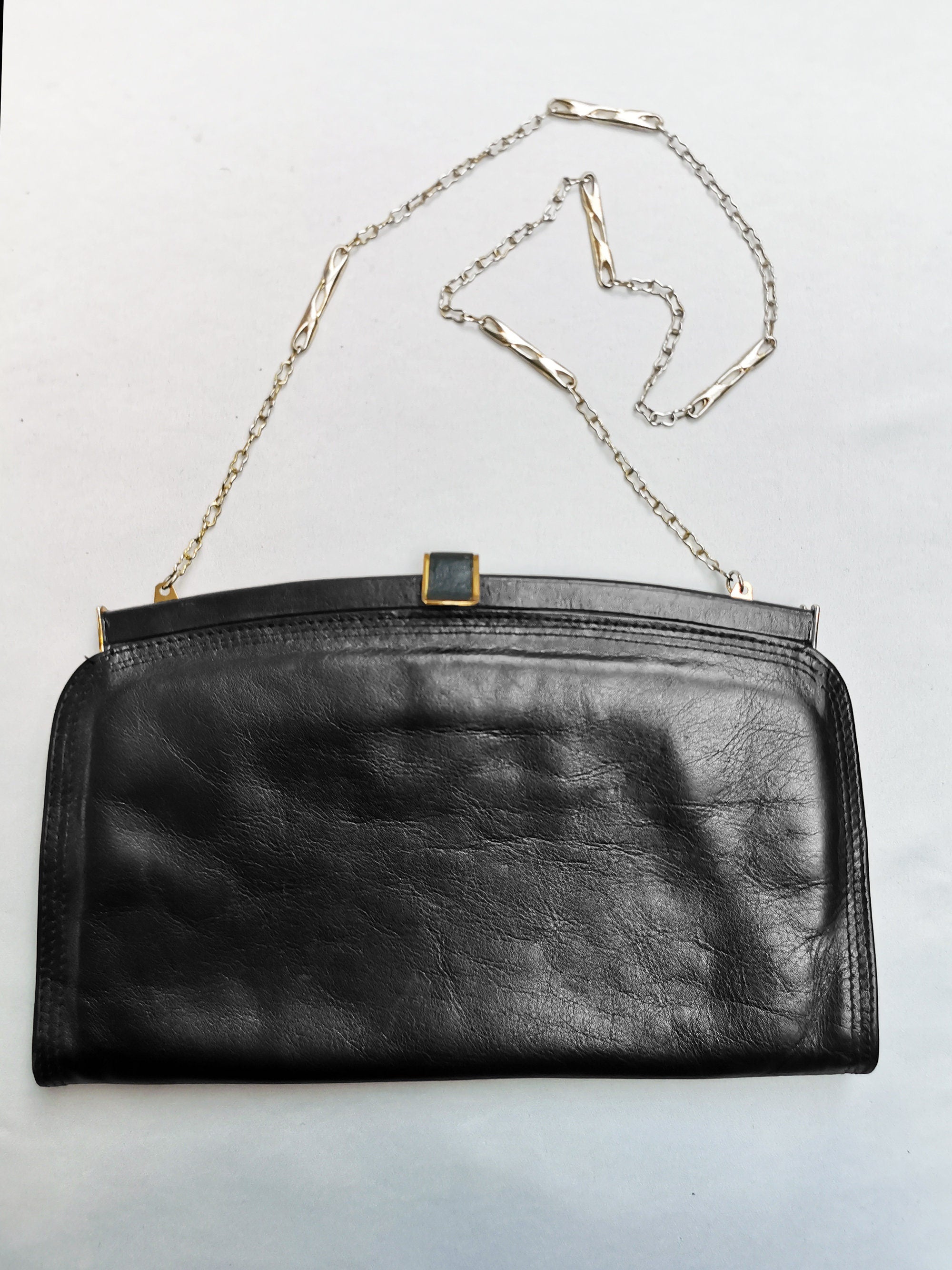 Vintage 80s retro black leather frame bag with chain