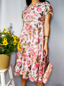 Vintage 70s handmade pastel pink floral midi dress