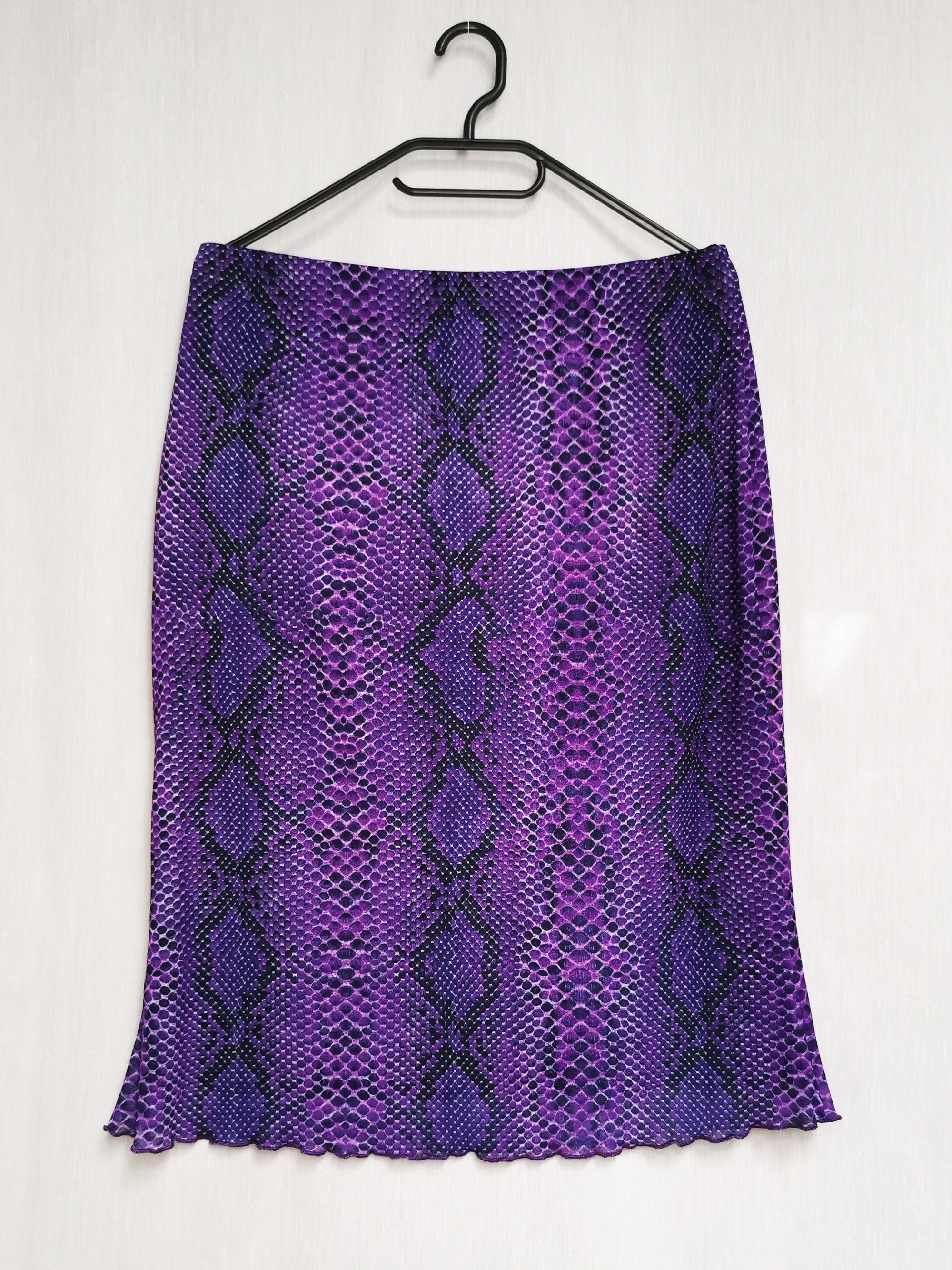 Vintage 90s purple snakeskin print stretch midi bell skirt