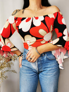 Vintage 90s red floral flare sleeve off shoulder Party top