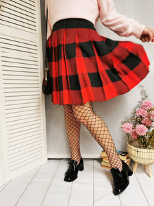 Vintage 80s handmade plaid red midi pleated skirt