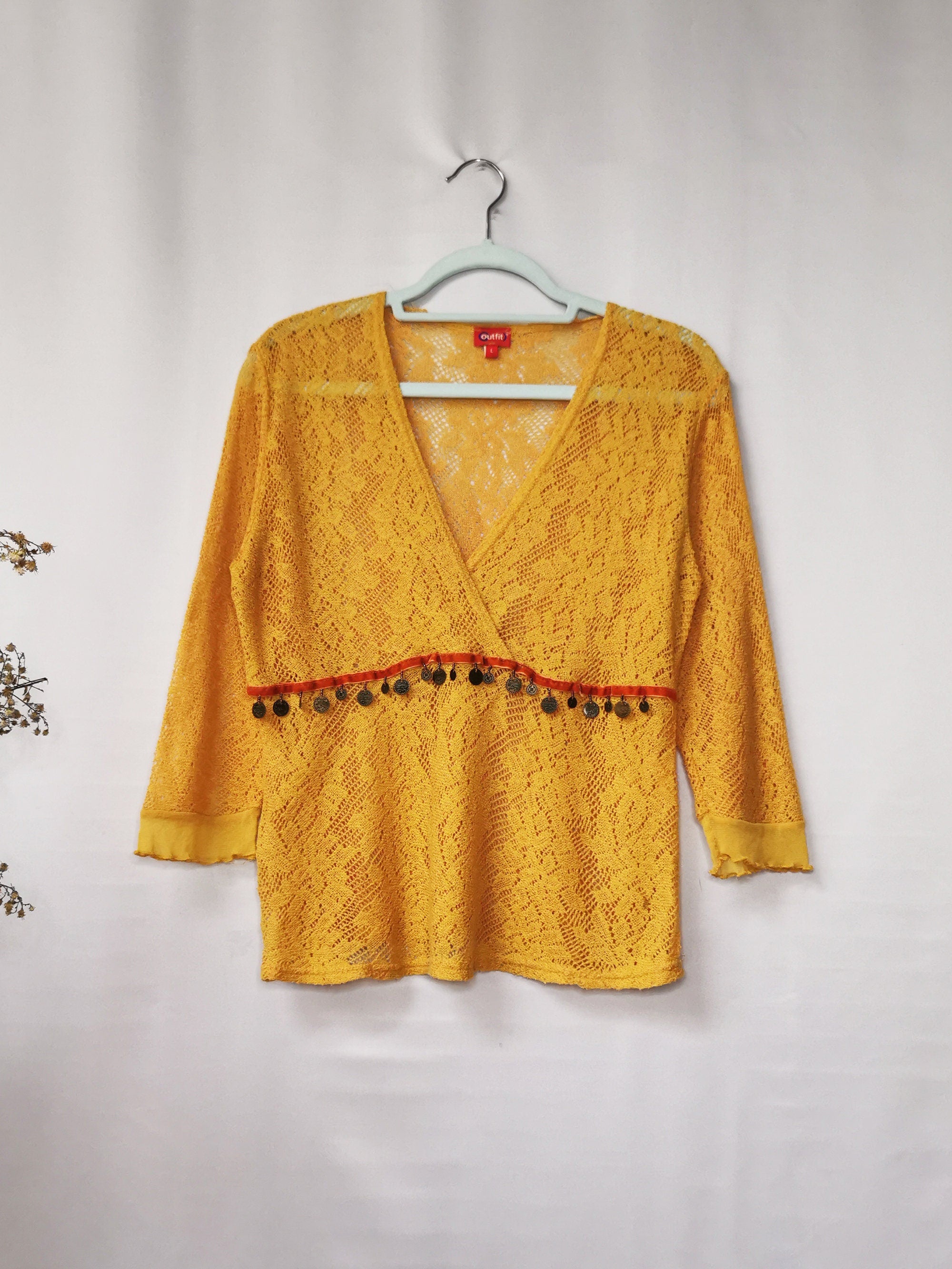 Vintage 90s mustard yellow knitted sheer top blouse