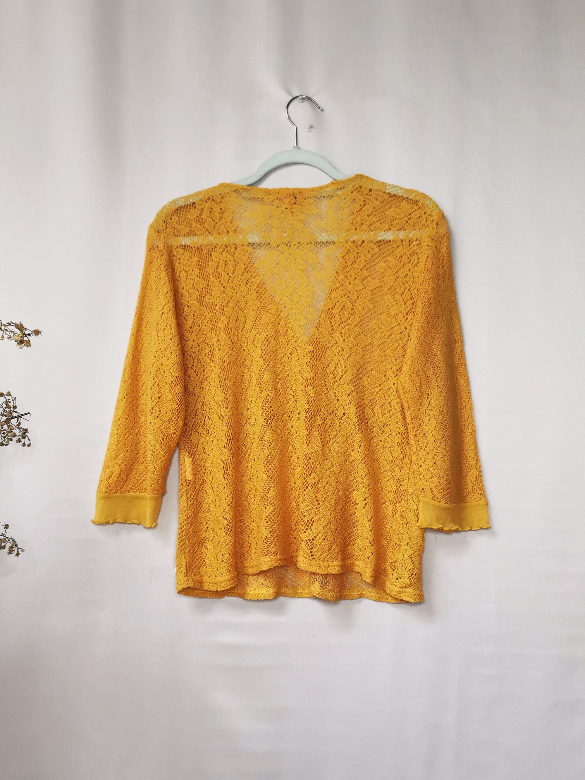 Vintage 90s mustard yellow knitted sheer top blouse