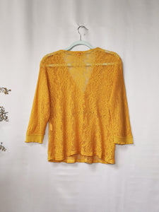 Vintage 90s mustard yellow knitted sheer top blouse