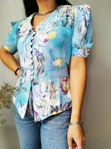 Vintage 80s pastel blue floral print smart blouse top