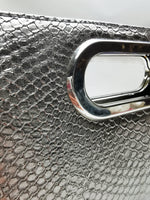 Load image into Gallery viewer, Vintage 90s shimmer silver reptile print party clutch bag
