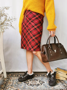 Vintage 90s tartan plaid red midi pencil skirt