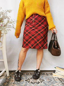 Vintage 90s tartan plaid red midi pencil skirt