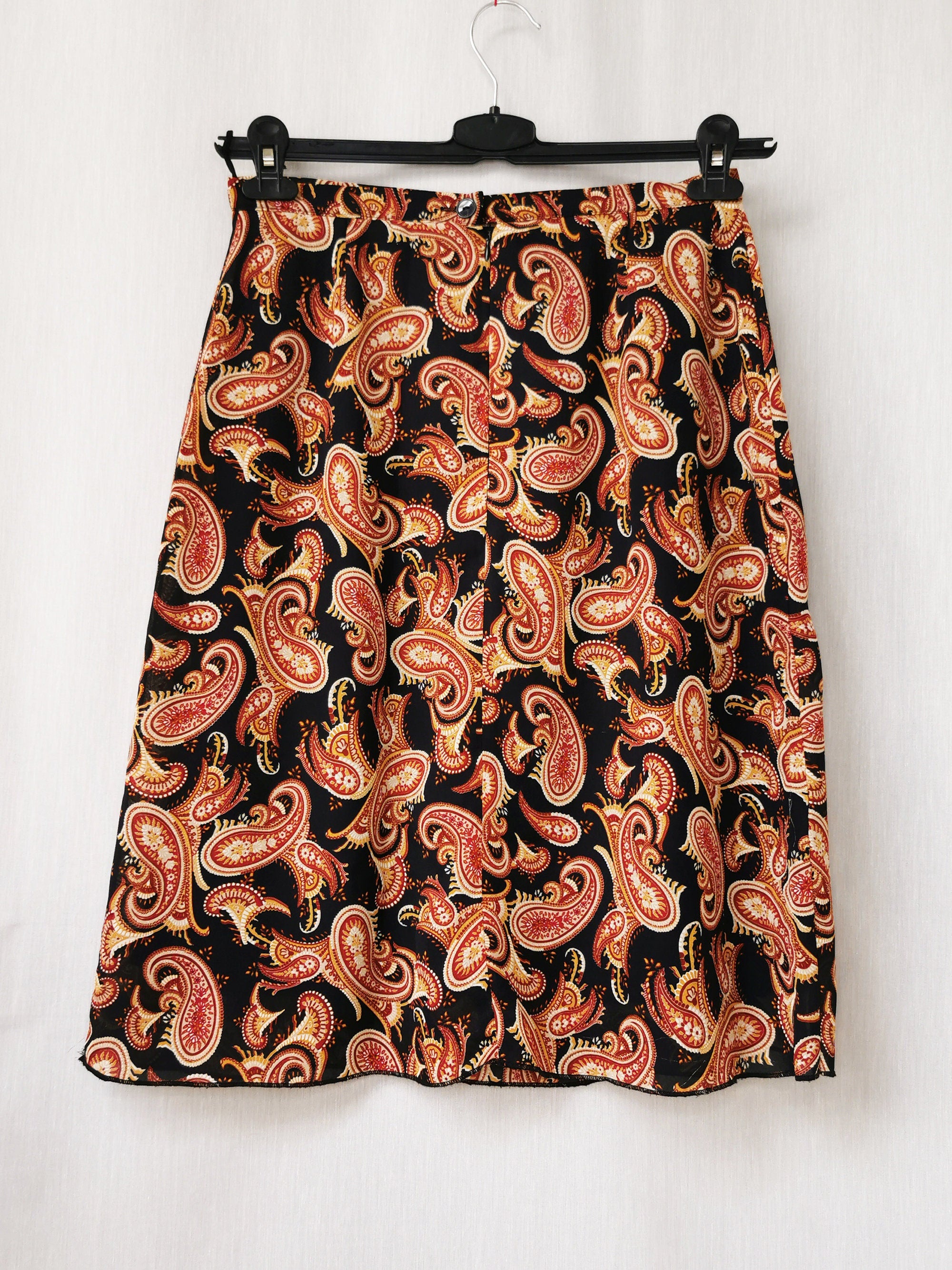 Vintage 90s black paisley print chiffon midi skirt