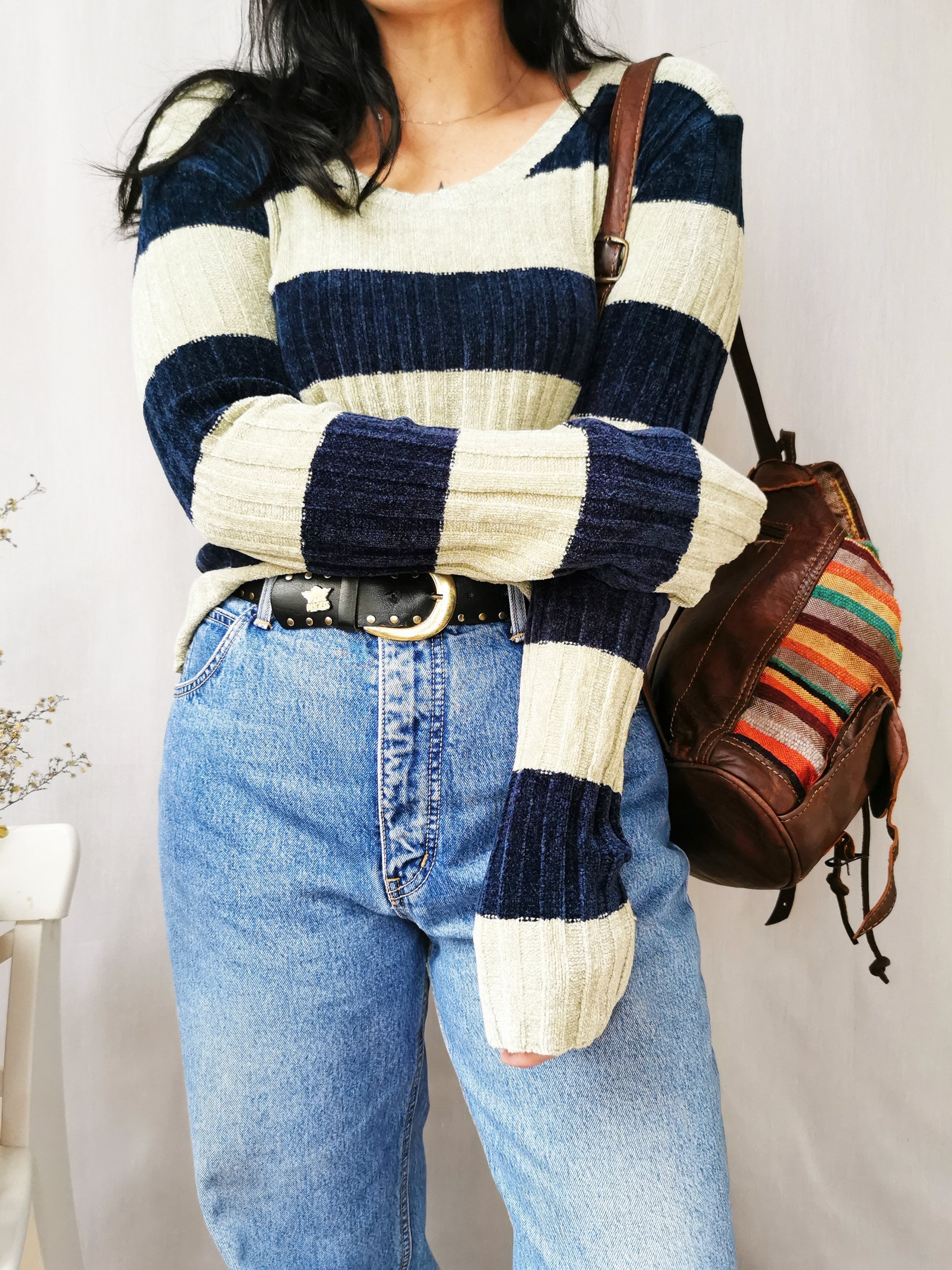 Vintage 90s fluffy striped cable knit tight jumper