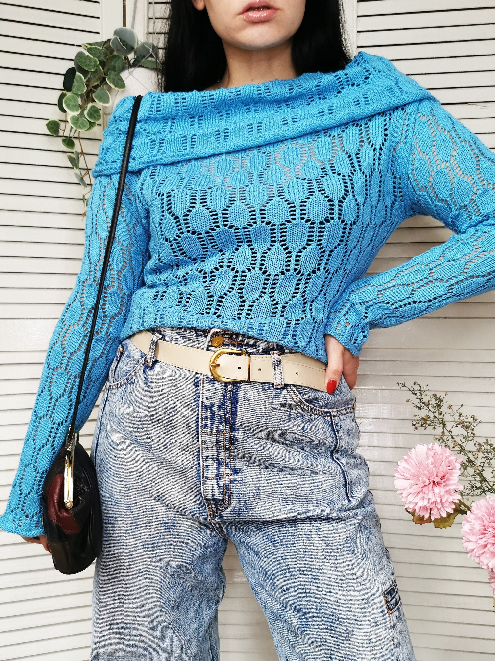 Vintage 90s blue sheer cable knit roll neck jumper top