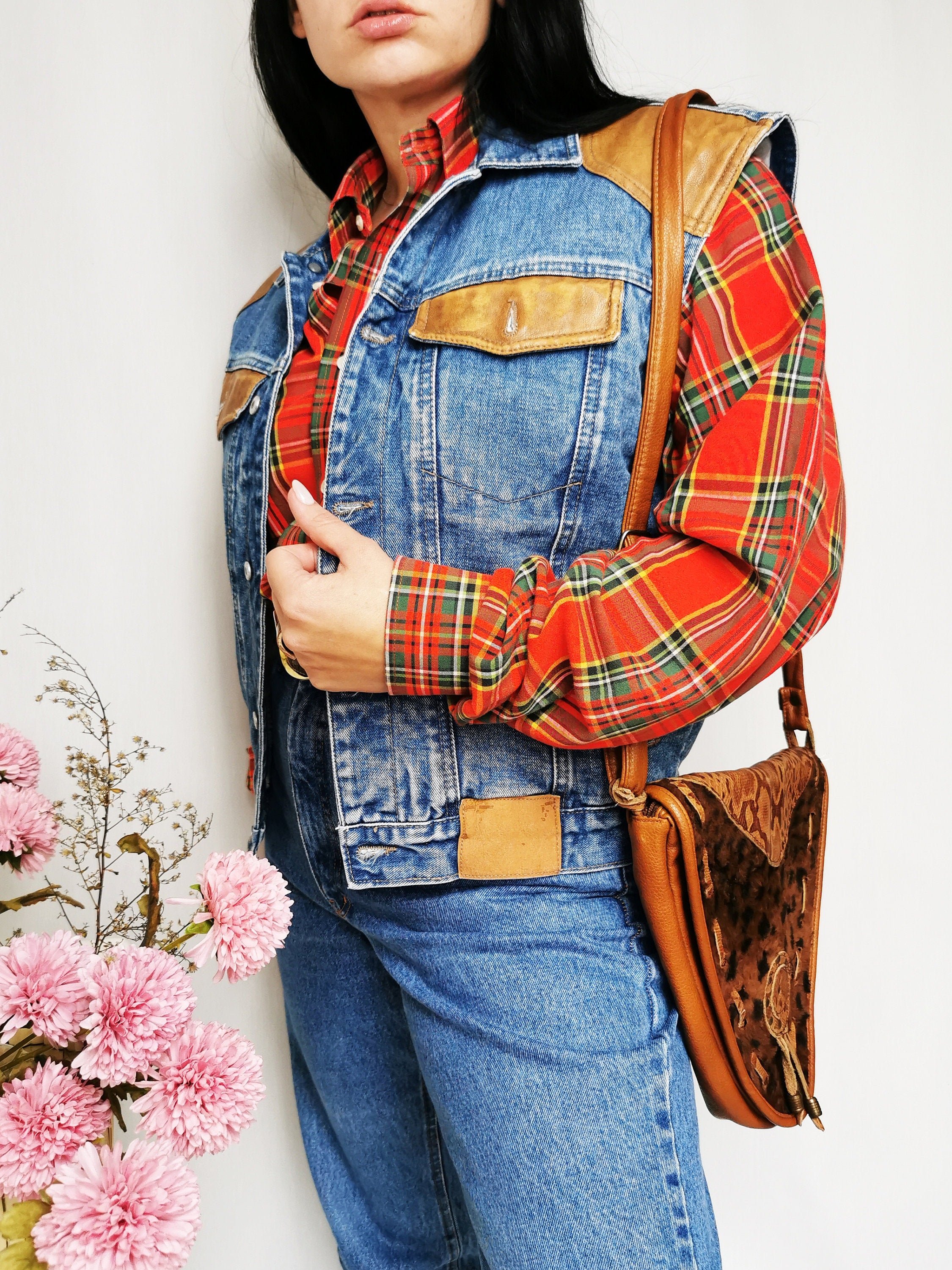 Vintage 90s blue Western denim vest gilet with Sherpa lining