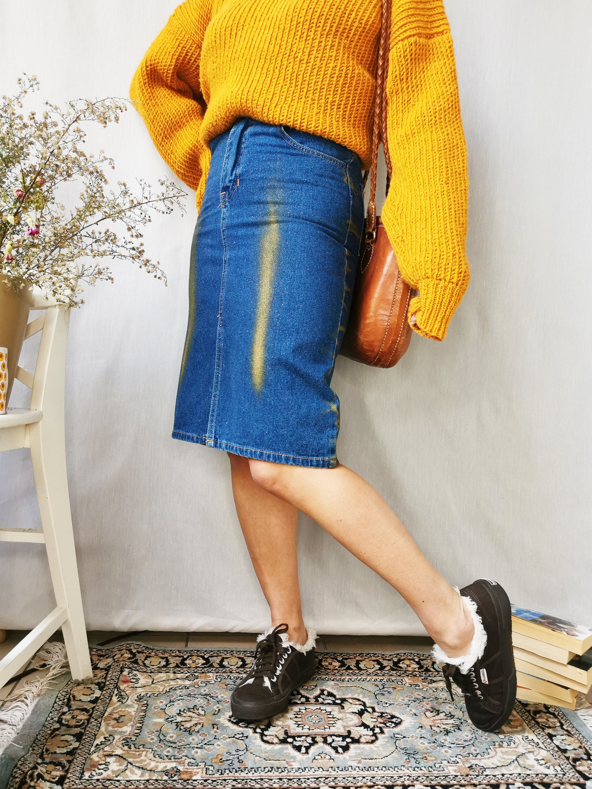 Vintage 90s blue shimmer denim midi pencil skirt