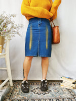 Load image into Gallery viewer, Vintage 90s blue shimmer denim midi pencil skirt
