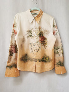 Vintage 90s rose print sand brown button down blouse