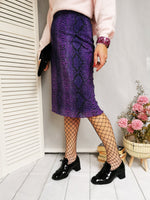 Load image into Gallery viewer, Vintage 90s purple snakeskin print stretch midi bell skirt
