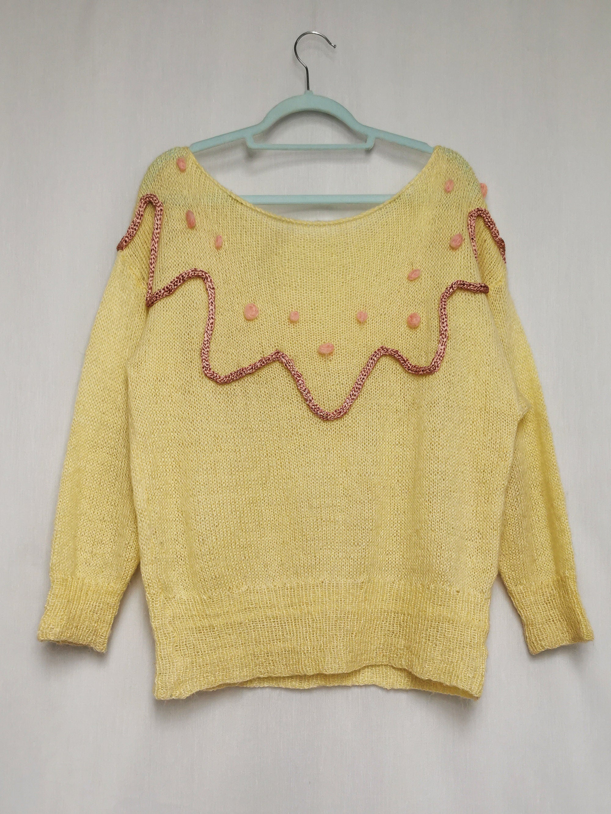 Vintage 90s handmade pastel yellow boat neck jumper top