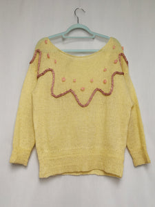 Vintage 90s handmade pastel yellow boat neck jumper top