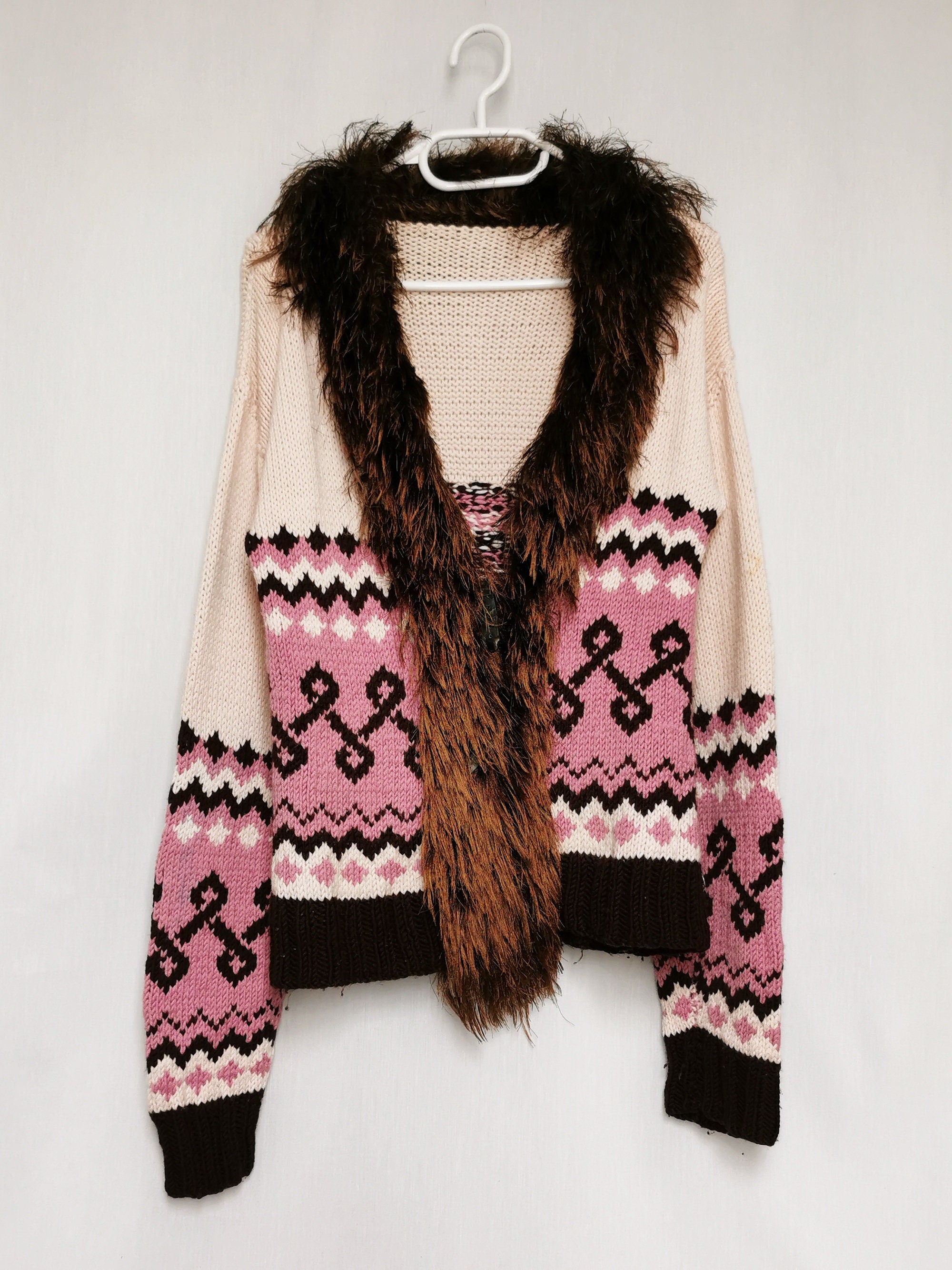 Vintage 90s handmade fair isle cardigan with fluffy collar