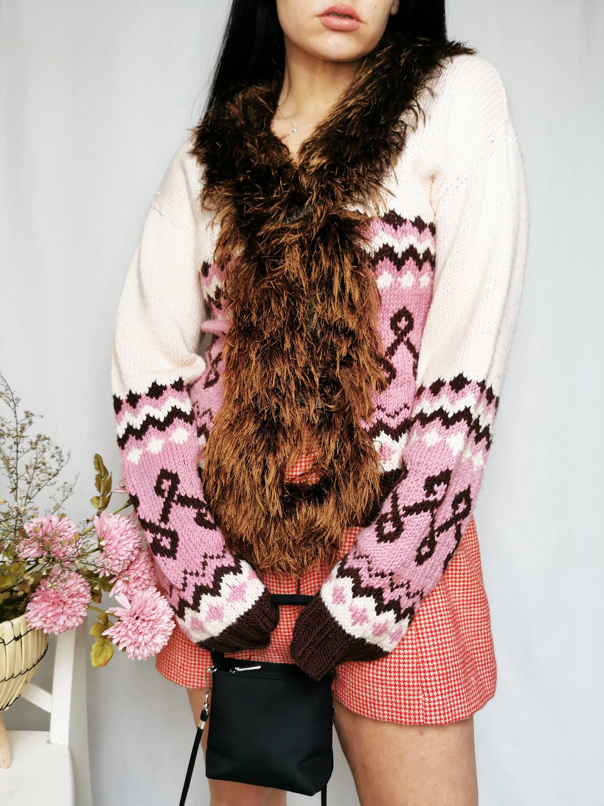 Vintage 90s handmade fair isle cardigan with fluffy collar