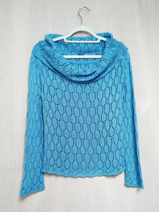 Vintage 90s blue sheer cable knit roll neck jumper top