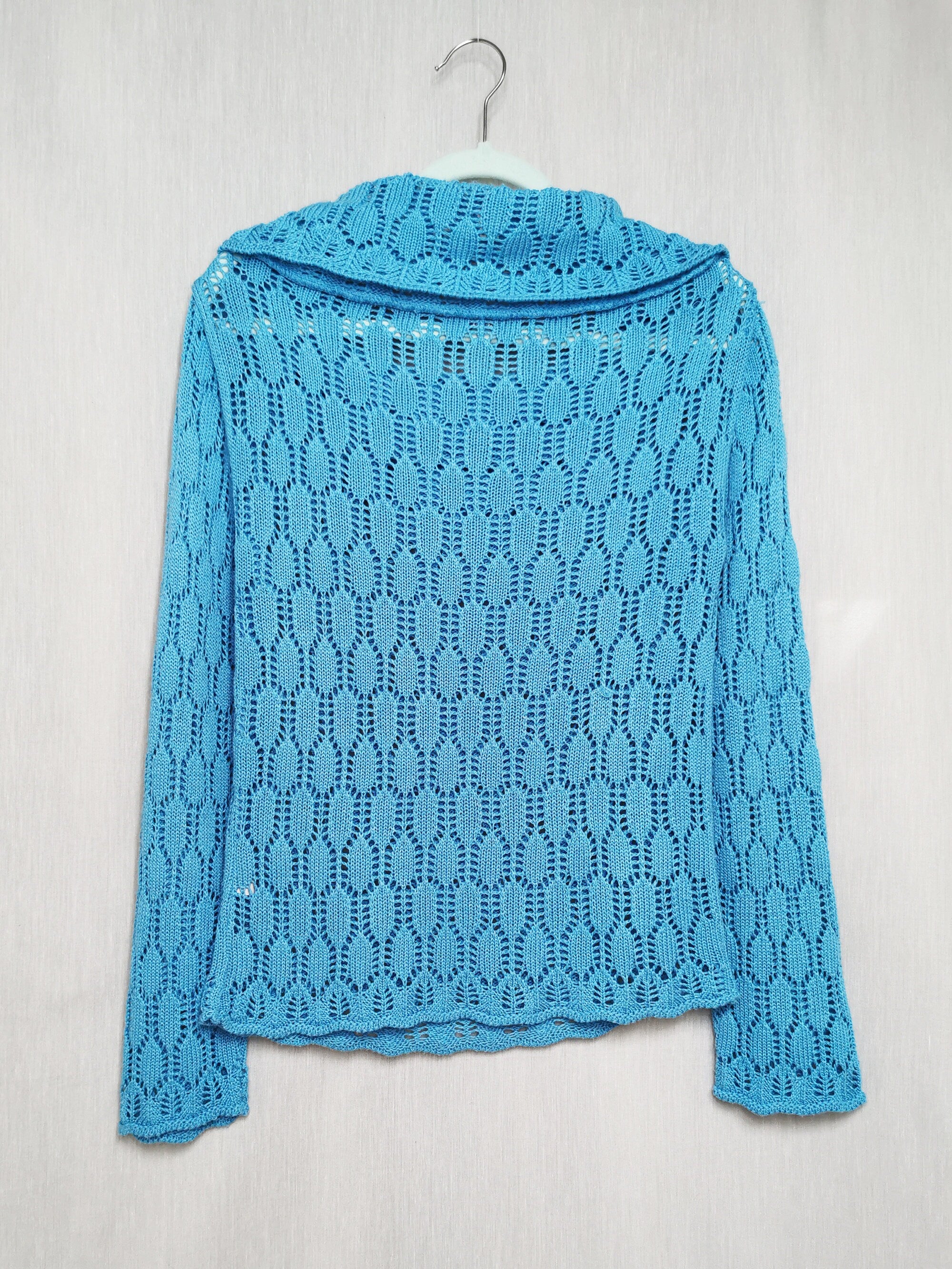 Vintage 90s blue sheer cable knit roll neck jumper top