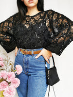 Load image into Gallery viewer, Vintage 90s black transparent sequined shinny blouse top
