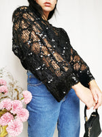 Load image into Gallery viewer, Vintage 90s black transparent sequined shinny blouse top
