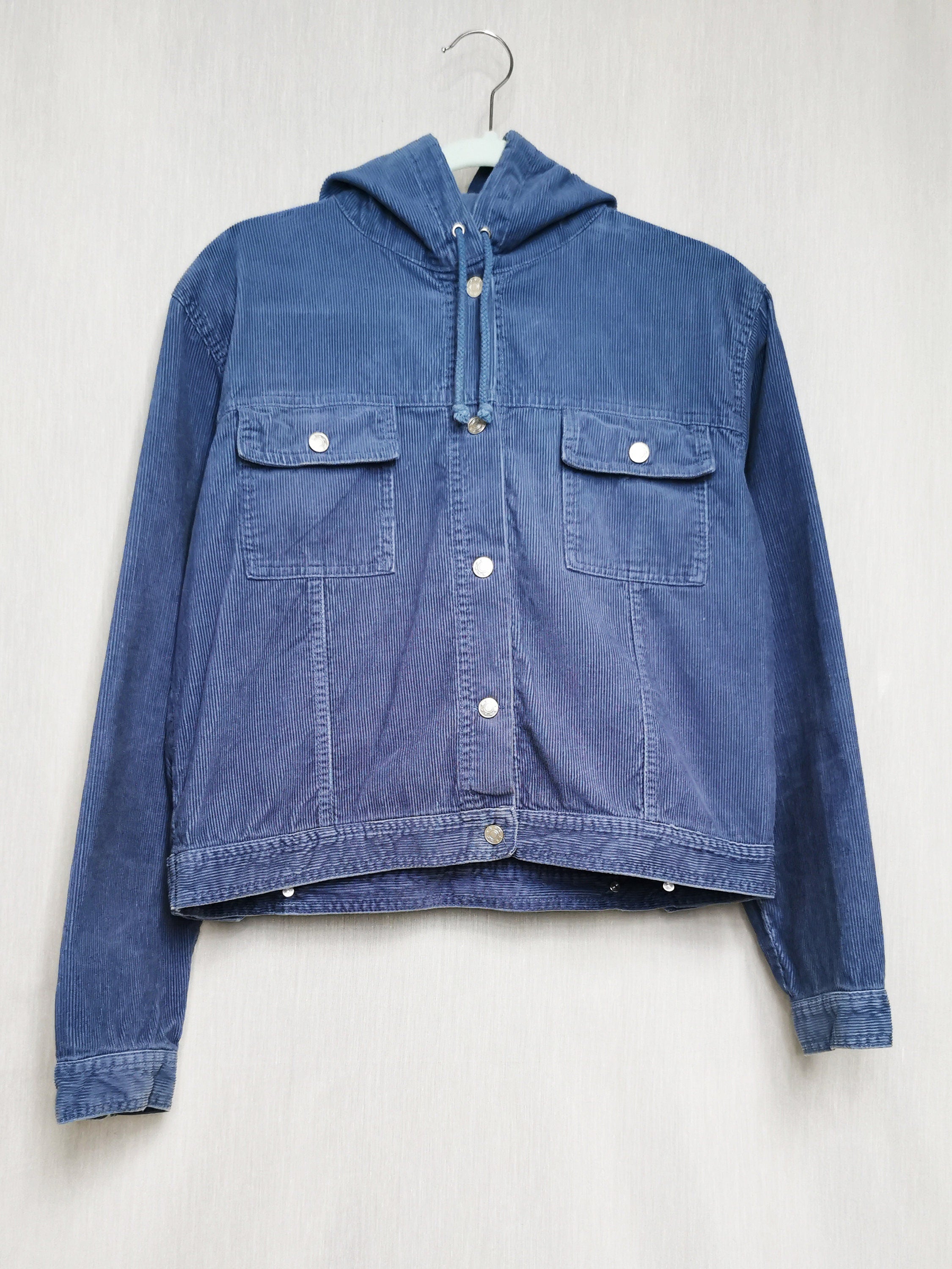 Vintage 90s blue corduroy button down hood jacket